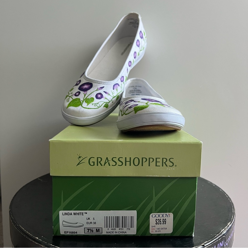 Grasshoppers Canvas Slip-Ons with Hand Painted Flowers